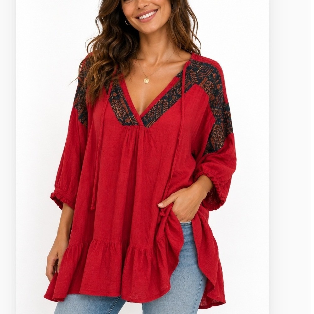 Umgee Red Linen Blend Boho Tunic Top V-Neck Ruffle Hem Womens Small